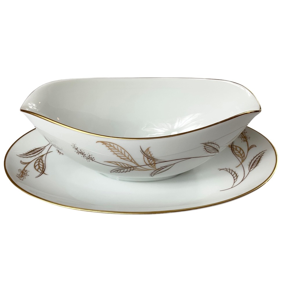 Noritake China Jania 5631 Gravy Boat Attached‎ Underplate Gold Trim White Tan
